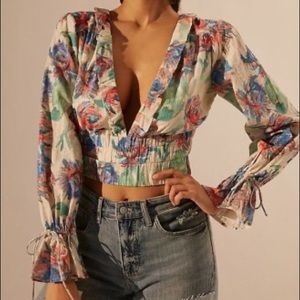 Anthropologie Long Sleeve Crop Top Deep V Neck NWT